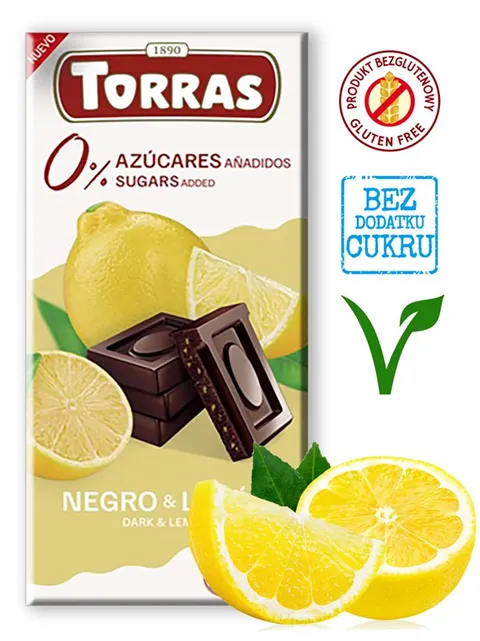 Czekolada Gorzka z Cytryną bez Dodatku Cukru Bezglutenowa 75 g - Torras