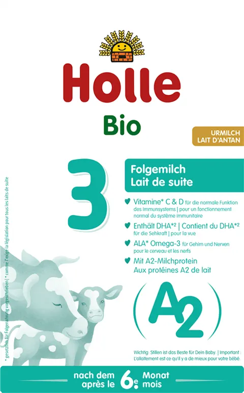 przecena MLEKO A2 KROWIE 3 NASTĘPNE DLA NIEMOWLĄT PO 6 MIESIĄCU BIO 400 g - HOLLE
