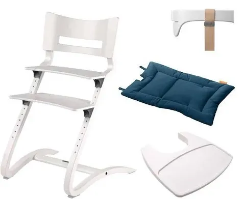 LEANDER - krzesełko do karmienia CLASSIC , BIAŁE + barierka, tacka, poduszka DARK Blue - ZESTAW