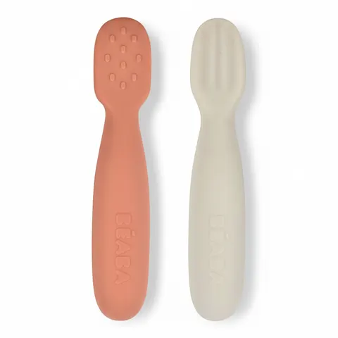 Zestaw 2 silikonowych pierwszych łyżeczek - gryzaków Terracotta/velvet grey, Beaba