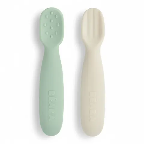Zestaw 2 silikonowych pierwszych łyżeczek - gryzaków Sage green/velvet grey, Beaba