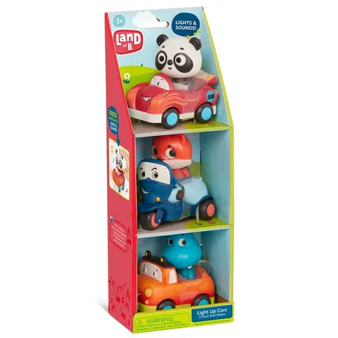 Zestaw 3 miękkich autek sensorycznych z liskiem, hipciem i pandą, B.Toys Land of B.