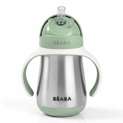 Butelka - kubek niekapek stalowa ze słomką 250 ml - Sage green / Beaba