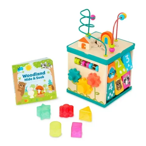 B.Toys Lil’ Learning Cube – drewniana kostka edukacyjna z sorterem, labiryntem i książeczką (8 el.)