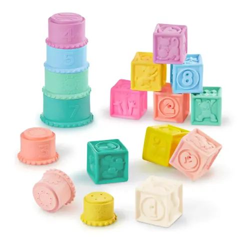 Stackin’ Squishies – miękkie kubeczki i klocki sensoryczne 2w1 / B.Toys