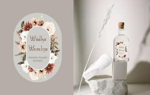 Przezroczyste etykiety na wódkę weselną Boho 06