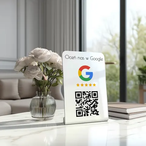 Biały stand z akrylu z kodem do oceny w Google 01