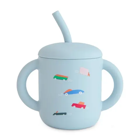 Mushie Silikonowy Kubek ze Słomką - Retro Cars