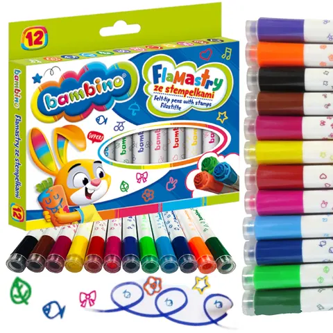 Flamastry pisaki pieczątki 12 kolorów ze stempelkami BAMBINO