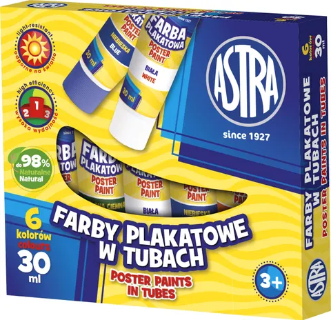 Farby plakatowe 6 kolorów - tuba 30 ml, ASTRA