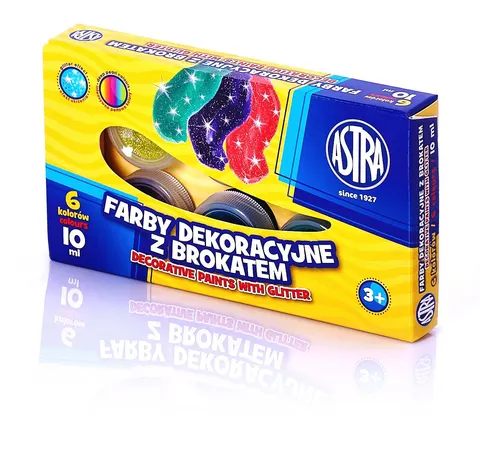Farby dekoracyjne z brokatem 6 kolorów - 10 ml, ASTRA