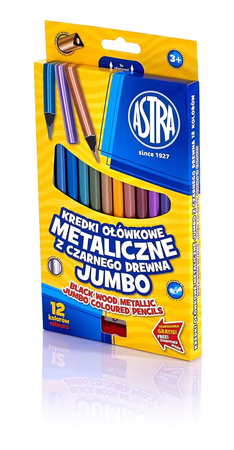 Kredki ołówkowe trójkątne, metaliczne Jumbo + temperówka - 12 kolorów, ASTRA