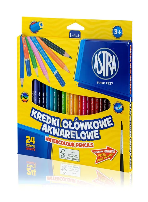 Kredki ołówkowe akwarelowe 24 kolory + PĘDZELEK, ASTRA