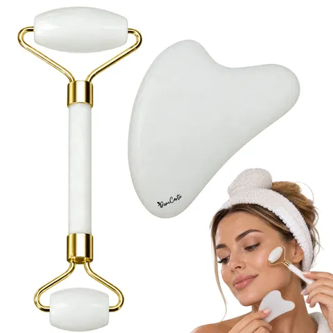 Roller jadeitowy biały z płytką Gua Sha