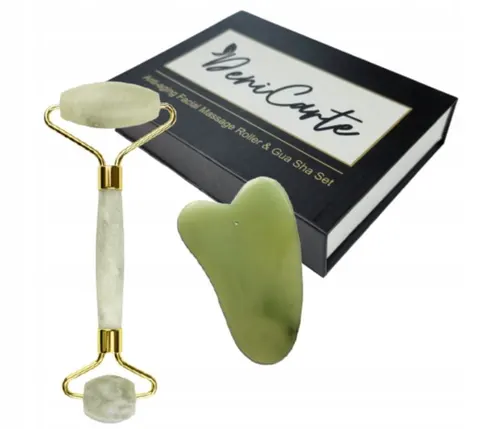 Roller jadeitowy i Gua Sha w pudełku - zestaw do twarzy, zielony