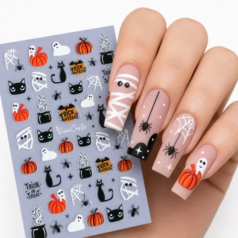 Naklejki na paznokcie na Halloween - dynie, duchy, koty
