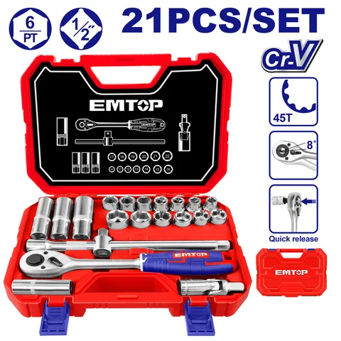 Zestaw kluczy nasadowych 1/2" 21szt. ESKT12211 EMTOP