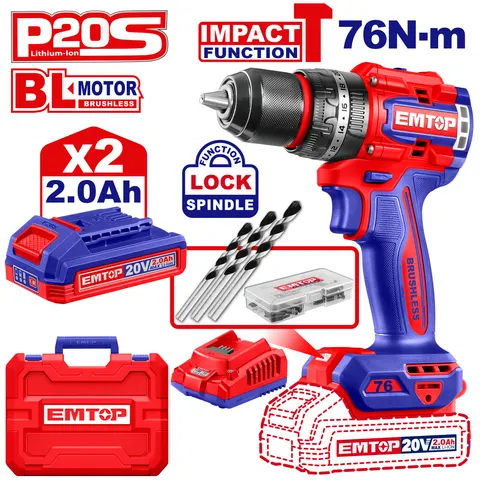 Wiertarko-wkrętarka udarowa 20V 76Nm ECIDL20768E EMTOP