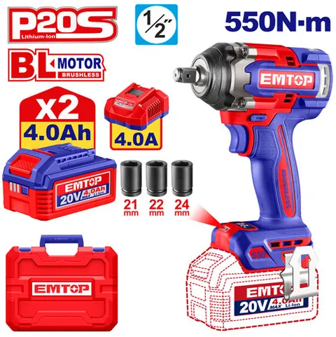 Klucz udarowy akumulatorowy 1/2" 20V 550/700NM EMTOP