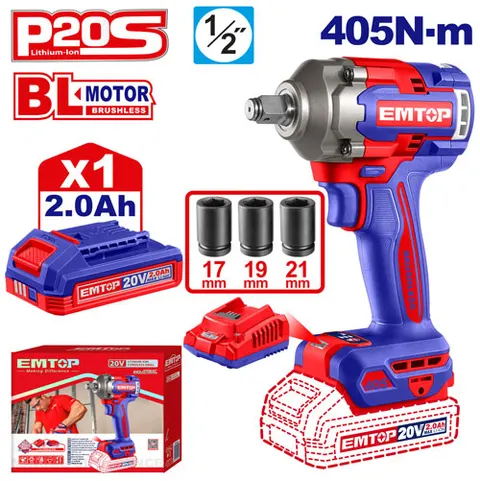 Klucz udarowy akumulatorowy 1/2" 20V 405NM ECIWL20455E EMTOP