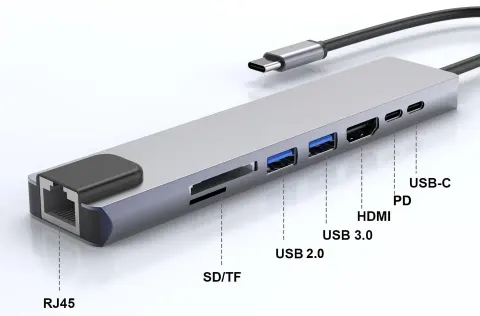 Adapter 8w1 Typ-C to HDMI +RJ45(100Mbps)+USB3.0+USB2.0+SD/TF+68W PD+U