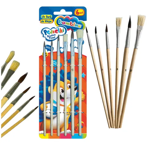 Pędzelki Do Farb i Kleju Szkolne 6 sztuk Bambino