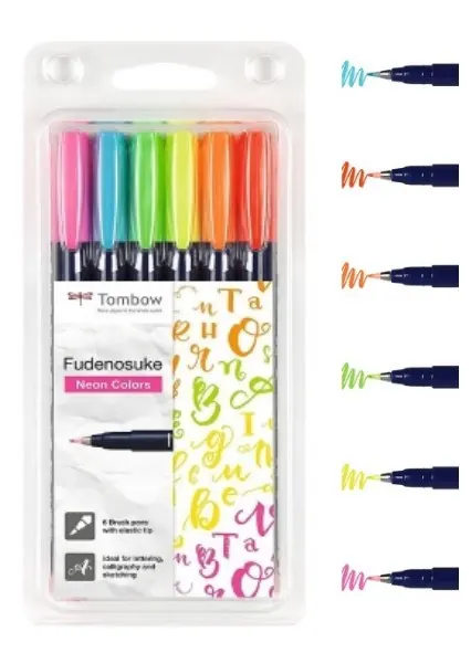 Zestaw do kaligrafii Tombow Fudenosuke flamastry pisaki 6 szt. neon