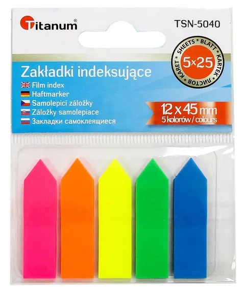 Zakładki indeksujące strzałki fluo 5 kolorów Titanum samoprzylepne