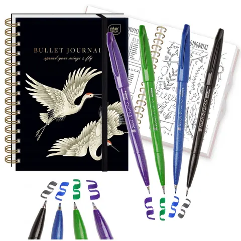 Pentel zestaw pisak pędzelkowy kaligrafia brush sign pen + bullet journal notes A5 birds