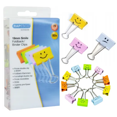 Klipsy biurowe 80 szt. kolorowe emotki 19mm Smile Rapesco