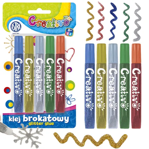Klej brokatowy 5 kolorów x 10,5 ml, Astra