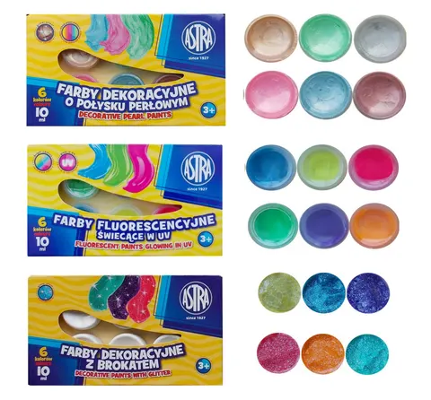 Zestaw farby dekoracyjne 18 kolorów fluorescencyjne, perłowe i brokatowe Astra