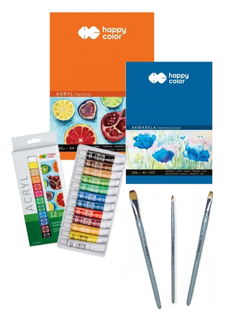 Zestaw artystyczny do malowania - bloki farby akrylowe pędzle Happy Color
