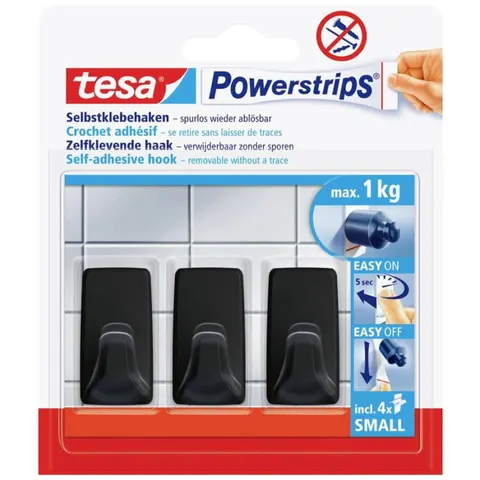 TESA Haczyk prostokątny mały 1 kg Powerstrips czarne 3 sztuki