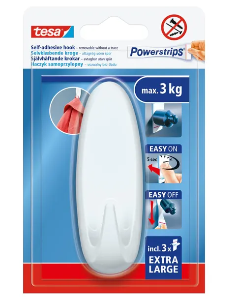 TESA POWERSTRIPS Haczyk hak samoprzylepny duży owalny biały wielorazowy 3kg