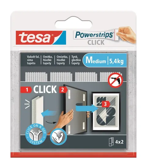 TESA POWERSTRIPS CLICK Rzepy samoprzylepne ścienne na klej 4 pary rozmiar M