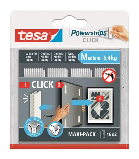 TESA POWERSTRIPS CLICK Rzepy samoprzylepne ścienne na klej 16 par rozmiar M