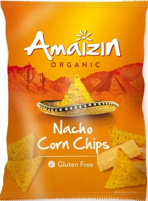 CHIPSY NACHOS KUKURYDZIANE O SMAKU SEROWYM BEZGLUTENOWE BIO 150 g - AMAIZIN DATA: 11-2026