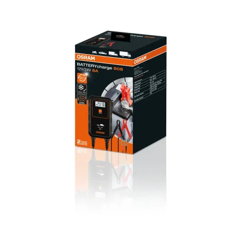 Prostownik inteligentny OSRAM BATTERYcharge 908 8 A 12 V / 24 V – ładowarka akumulatorów kwasowych, AGM, GEL i litowych OEBCS908