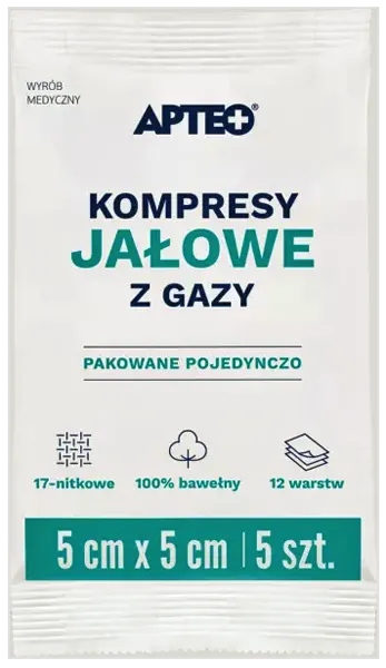 Apteo, Kompresy jałowe z gazy, 5 cm x 5 cm, 5 sztuk