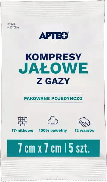 Apteo, Kompresy jałowe z gazy, 7 cm x 7 cm, 5 sztuk