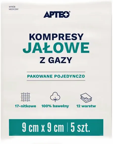 Apteo, Kompresy jałowe z gazy, 9 cm x 9 cm, 5 sztuk