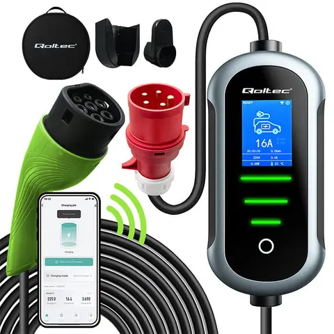 Mobilna ładowarka Qoltec do samochodu elektrycznego EV z regulacją 2 w 1 TYP2 11KW 400V LCD 5M Wi-Fi Wallbox