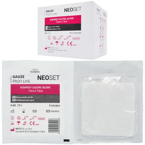 Kompresy gazowe jałowe 7,5x7,5 cm NEOSET PROFI LINE - 75 szt.