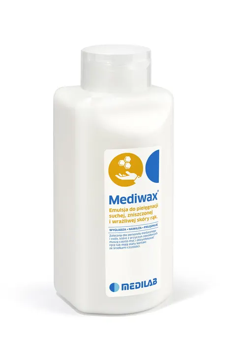 Krem MEDIWAX 500ml emulsja do pielęgnacji zniszczonej skóry rąk z woskiem pszczelim butelka z pompką Medilab REF: 1996+pompka