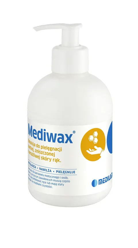 Krem MEDIWAX 330ml emulsja do pielęgnacji zniszczonej skóry rąk z woskiem pszczelim butelka z pompką Medilab REF: 5838