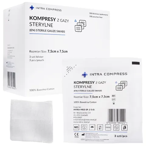 Kompresy gazowe jałowe 7,5x7,5 cm A'3 17N 8W INTRA COMPRESS - 100 blistrów
