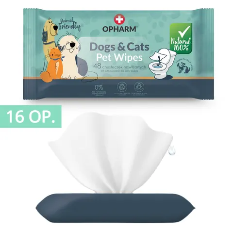 Chusteczki nawilżane dla zwierząt 19x15cm OPHARM 48 szt. x 16 op.