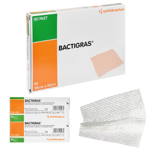 BACTIGRAS Opatrunek parafinowy z chlorheksydyną 10x10cm - 10 szt. / REF: 7457