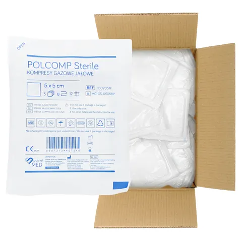 POLCOMP Sterile Kompresy gazowe jałowe 5x5 cm 17N 8W - 300 szt. (100 blistrów A'3) | REF: 160205M